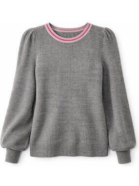 Halogen Puff Sleeve Sweater Gray Pink Trim Fuzzy Knit Crew Neck Soft Cozy XS